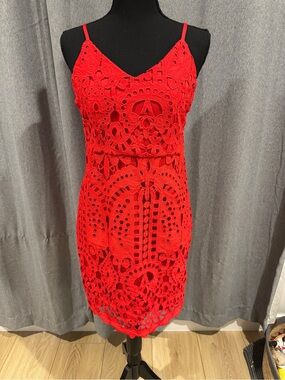 Red Lace Crochet Spaghetti-Strap Dress
